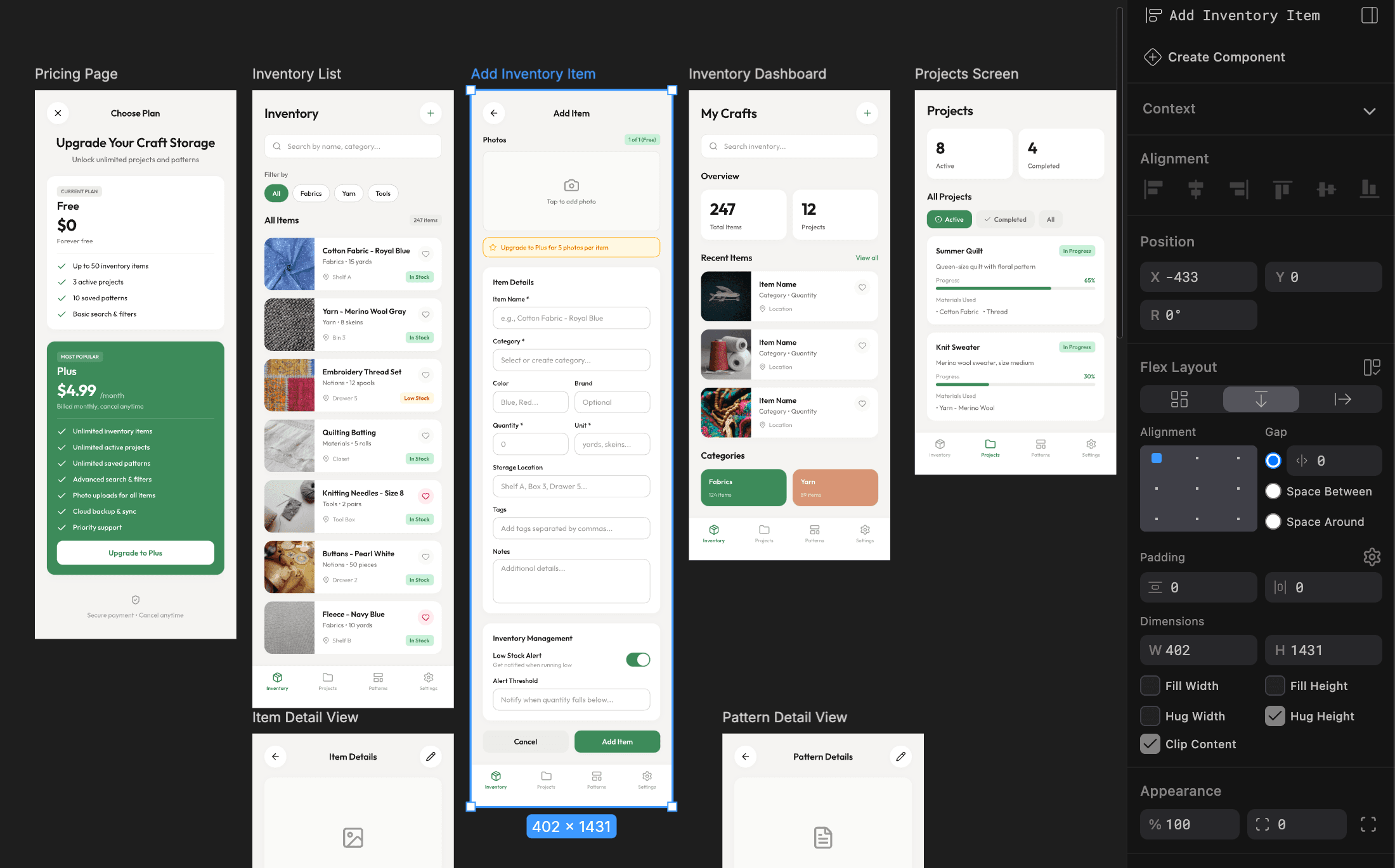 Pencil.dev screen layouts used to guide development